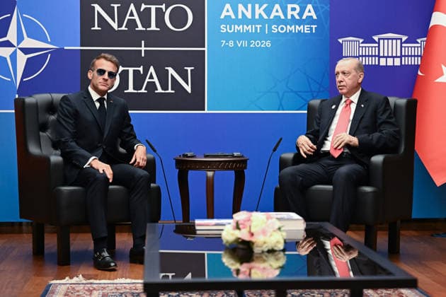 NATO Leaders Summit - Macron And Erdogan Bilateral Meeting French President Emmanuel Macron meets with Turkish President Recep Tayyip Erdogan in a bilateral meeting on the sidelines of the 36th NATO Heads of State and Government Summit in Ankara, Turkiye on July 8, 2026. Photo by Alexis Jumeau ABACAPRESS.COM Ankara Turkey  Copyright: xJumeauxAlexis ABACAx