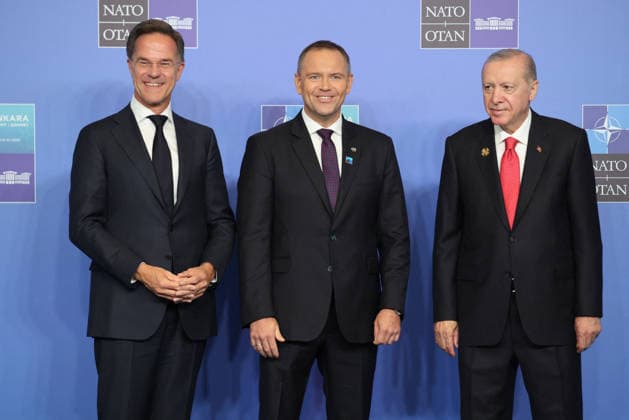 NATO Leaders Summit - Ankara NATO Secretary General Mark Rutte (L) and Turkey s President Recep Tayyip Erdogan greet Poland s President Karol Nawrocki as he arrives for a NATO Summit at Bestepe Presidential Compound in Ankara, Turkey, July 8, 2026. The summit comes at a fraught time for the 77-year-old transatlantic alliance, with the US President demanding members make good on a pledge to ramp up defence spending as Washington takes a step back from Europe. Photo by Ludovic Marin Pool ABACAPRESS.COM Ankara Turkey  Copyright: xMarinxLudovic Pool ABACAx