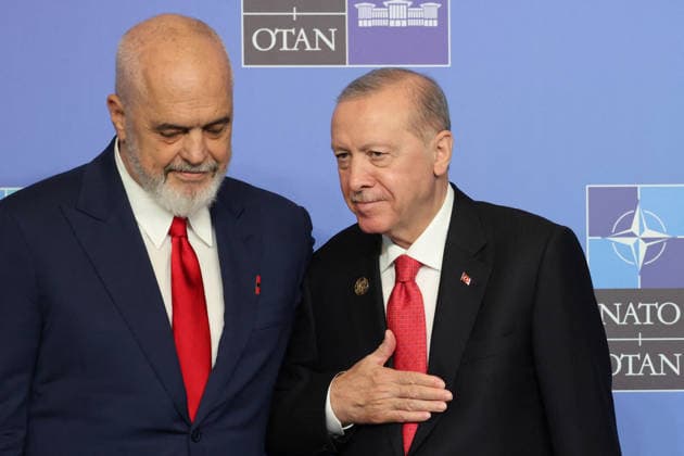 NATO Leaders Summit - Ankara Turkey s President Recep Tayyip Erdogan greets Albania s Prime Minister Edi Rama (L) as he arrives for a NATO Summit at Bestepe Presidential Compound in Ankara, Turkey, July 8, 2026. The summit comes at a fraught time for the 77-year-old transatlantic alliance, with the US President demanding members make good on a pledge to ramp up defence spending as Washington takes a step back from Europe. Photo by Ludovic Marin Pool ABACAPRESS.COM Ankara Turkey  Copyright: xMarinxLudovic Pool ABACAx