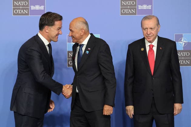 NATO Leaders Summit - Ankara NATO Secretary General Mark Rutte (L) and Turkey s President Recep Tayyip Erdogan (R) greet Slovenia s President Janez Jansa the NATO Summit at Bestepe Presidential Compound in Ankara, Turkey, July 8, 2026. The summit comes at a fraught time for the 77-year-old transatlantic alliance, with the US President demanding members make good on a pledge to ramp up defence spending as Washington takes a step back from Europe. Photo by Ludovic Marin Pool ABACAPRESS.COM Ankara Turkey  Copyright: xMarinxLudovic Pool ABACAx