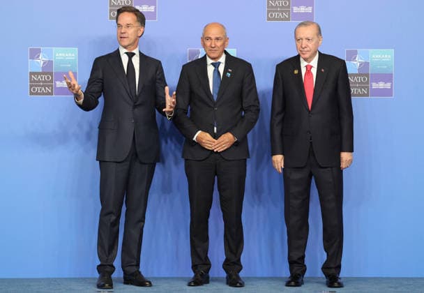 NATO Leaders Summit - Ankara NATO Secretary General Mark Rutte (L) and Turkey s President Recep Tayyip Erdogan (R) greet Slovenia s President Janez Jansa the NATO Summit at Bestepe Presidential Compound in Ankara, Turkey, July 8, 2026. The summit comes at a fraught time for the 77-year-old transatlantic alliance, with the US President demanding members make good on a pledge to ramp up defence spending as Washington takes a step back from Europe. Photo by Ludovic Marin Pool ABACAPRESS.COM Ankara Turkey  Copyright: xMarinxLudovic Pool ABACAx