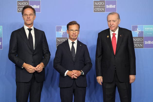 NATO Leaders Summit - Ankara NATO Secretary General Mark Rutte (L) and Turkey s President Recep Tayyip Erdogan greet Sweden s Prime Minister Ulf Kristersson as he arrives for a NATO Summit at Bestepe Presidential Compound in Ankara, Turkey, July 8, 2026. The summit comes at a fraught time for the 77-year-old transatlantic alliance, with the US President demanding members make good on a pledge to ramp up defence spending as Washington takes a step back from Europe. Photo by Ludovic Marin Pool ABACAPRESS.COM Ankara Turkey  Copyright: xMarinxLudovic Pool ABACAx