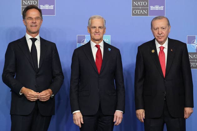 NATO Leaders Summit - Ankara NATO Secretary General Mark Rutte (L) and Turkey s President Recep Tayyip Erdogan greet Norway s Prime Minister Jonas Gahr Store as he arrives for a NATO Summit at Bestepe Presidential Compound in Ankara, Turkey, July 8, 2026. The summit comes at a fraught time for the 77-year-old transatlantic alliance, with the US President demanding members make good on a pledge to ramp up defence spending as Washington takes a step back from Europe. Photo by Ludovic Marin Pool ABACAPRESS.COM Ankara Turkey  Copyright: xMarinxLudovic Pool ABACAx