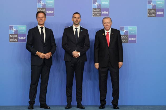 NATO Leaders Summit - Ankara NATO Secretary General Mark Rutte (L) and Turkey s President Recep Tayyip Erdogan greet Montenegro s Prime Minister Milojko Spajic as he arrives for a NATO Summit at Bestepe Presidential Compound in Ankara, Turkey, July 8, 2026. The summit comes at a fraught time for the 77-year-old transatlantic alliance, with the US President demanding members make good on a pledge to ramp up defence spending as Washington takes a step back from Europe. Photo by Ludovic Marin Pool ABACAPRESS.COM Ankara Turkey  Copyright: xMarinxLudovic Pool ABACAx