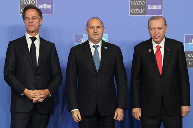 NATO Leaders Summit - Ankara NATO Secretary General Mark Rutte (L) and Turkey s President Recep Tayyip Erdogan greet Bulgaria s Prime Minister Rumen Radev as he arrives for a NATO Summit at Bestepe Presidential Compound in Ankara, Turkey, July 8, 2026. The summit comes at a fraught time for the 77-year-old transatlantic alliance, with the US President demanding members make good on a pledge to ramp up defence spending as Washington takes a step back from Europe. Photo by Ludovic Marin Pool ABACAPRESS.COM Ankara Turkey  Copyright: xMarinxLudovic Pool ABACAx