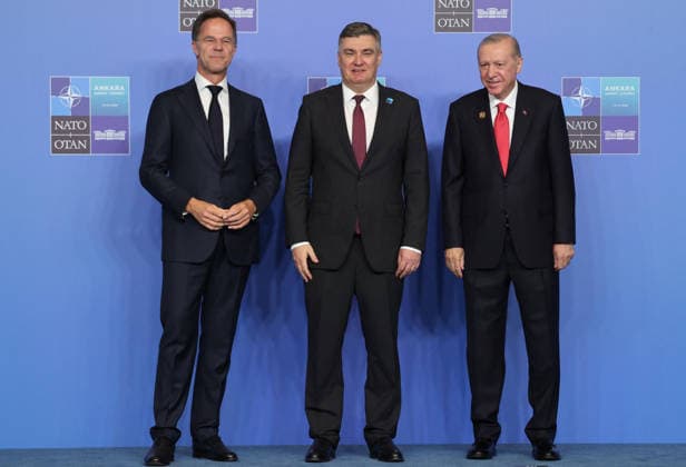 NATO Leaders Summit - Ankara NATO Secretary General Mark Rutte (L) and Turkey s President Recep Tayyip Erdogan (R) greet Croatia s President Zoran Milanovic as he arrives for a NATO Summit at Bestepe Presidential Compound in Ankara, Turkey, July 8, 2026. The summit comes at a fraught time for the 77-year-old transatlantic alliance, with the US President demanding members make good on a pledge to ramp up defence spending as Washington takes a step back from Europe. Photo by Ludovic Marin Pool ABACAPRESS.COM Ankara Turkey  Copyright: xMarinxLudovic Pool ABACAx