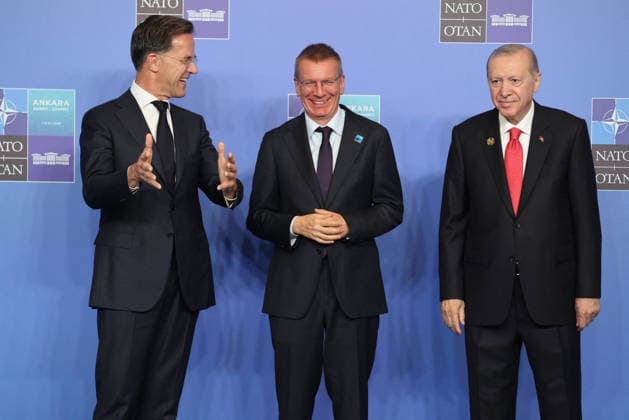 NATO Leaders Summit - Ankara NATO Secretary General Mark Rutte (L) and Turkey s President Recep Tayyip Erdogan (R) greet Latvia s President Edgars Rinkevics as he arrives for a NATO Summit at Bestepe Presidential Compound in Ankara, Turkey, July 8, 2026. The summit comes at a fraught time for the 77-year-old transatlantic alliance, with the US President demanding members make good on a pledge to ramp up defence spending as Washington takes a step back from Europe. Photo by Ludovic Marin Pool ABACAPRESS.COM Ankara Turkey  Copyright: xMarinxLudovic Pool ABACAx