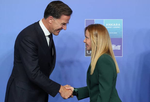 NATO Leaders Summit - Ankara NATO Secretary General Mark Rutte greets Italy s Prime Minister Giorgia Meloni as she arrives for a NATO Summit at Bestepe Presidential Compound in Ankara, Turkey, July 8, 2026. The summit comes at a fraught time for the 77-year-old transatlantic alliance, with the US President demanding members make good on a pledge to ramp up defence spending as Washington takes a step back from Europe. Photo by Ludovic Marin Pool ABACAPRESS.COM Ankara Turkey  Copyright: xMarinxLudovic Pool ABACAx