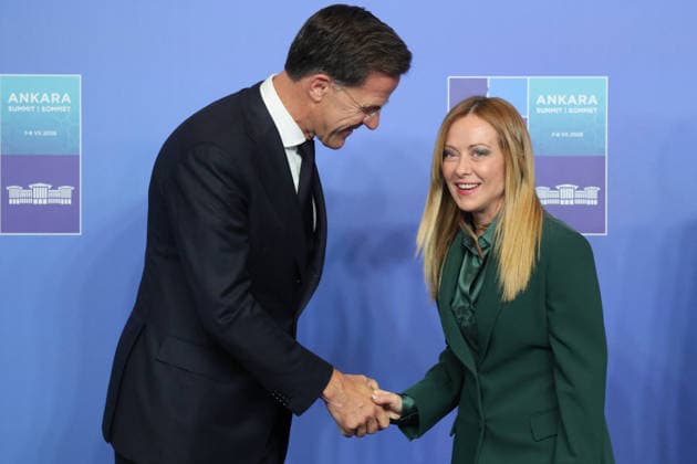 NATO Leaders Summit - Ankara NATO Secretary General Mark Rutte greets Italy s Prime Minister Giorgia Meloni as she arrives for a NATO Summit at Bestepe Presidential Compound in Ankara, Turkey, July 8, 2026. The summit comes at a fraught time for the 77-year-old transatlantic alliance, with the US President demanding members make good on a pledge to ramp up defence spending as Washington takes a step back from Europe. Photo by Ludovic Marin Pool ABACAPRESS.COM Ankara Turkey  Copyright: xMarinxLudovic Pool ABACAx