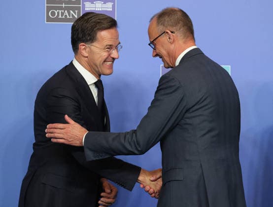 NATO Leaders Summit - Ankara NATO Secretary General Mark Rutte greets Germanyís Chancellor Friedrich Merz (R) as he arrives for a NATO Summit at Bestepe Presidential Compound in Ankara, Turkey, July 8, 2026. The summit comes at a fraught time for the 77-year-old transatlantic alliance, with the US President demanding members make good on a pledge to ramp up defence spending as Washington takes a step back from Europe. Photo by Ludovic Marin Pool ABACAPRESS.COM Ankara Turkey  Copyright: xMarinxLudovic Pool ABACAx