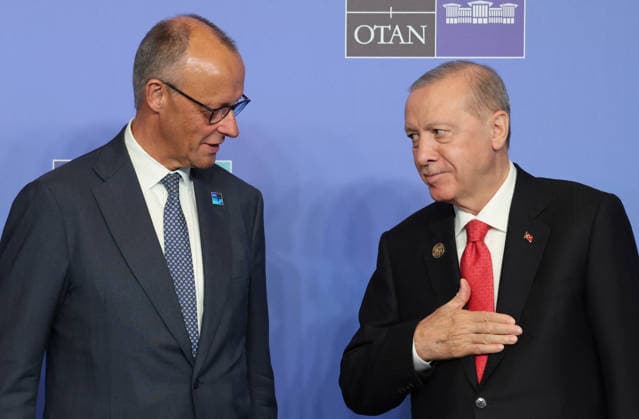 NATO Leaders Summit - Ankara Turkey s President Recep Tayyip Erdogan greets Germanyís Chancellor Friedrich Merz (L) as he arrives for a NATO Summit at Bestepe Presidential Compound in Ankara, Turkey, July 8, 2026. The summit comes at a fraught time for the 77-year-old transatlantic alliance, with the US President demanding members make good on a pledge to ramp up defence spending as Washington takes a step back from Europe. Photo by Ludovic Marin Pool ABACAPRESS.COM Ankara Turkey  Copyright: xMarinxLudovic Pool ABACAx