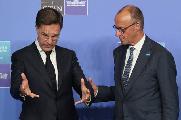 NATO Leaders Summit - Ankara NATO Secretary General Mark Rutte greets Germanyís Chancellor Friedrich Merz (R) as he arrives for a NATO Summit at Bestepe Presidential Compound in Ankara, Turkey, July 8, 2026. The summit comes at a fraught time for the 77-year-old transatlantic alliance, with the US President demanding members make good on a pledge to ramp up defence spending as Washington takes a step back from Europe. Photo by Ludovic Marin Pool ABACAPRESS.COM Ankara Turkey  Copyright: xMarinxLudovic Pool ABACAx