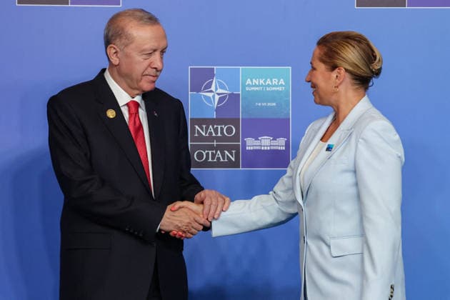 NATO Leaders Summit - Ankara Turkey s President Recep Tayyip Erdogan (L) greets Denmark s Prime Minister Mette Frederiksen as she arrives for a NATO Summit at Bestepe Presidential Compound in Ankara, Turkey, July 8, 2026. The summit comes at a fraught time for the 77-year-old transatlantic alliance, with the US President demanding members make good on a pledge to ramp up defence spending as Washington takes a step back from Europe. Photo by Ludovic Marin Pool ABACAPRESS.COM Ankara Turkey  Copyright: xMarinxLudovic Pool ABACAx