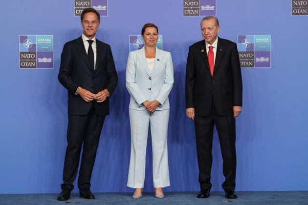 NATO Leaders Summit - Ankara NATO Secretary General Mark Rutte (L) and Turkey s President Recep Tayyip Erdogan (R) greet Denmark s Prime Minister Mette Frederiksen as she arrives for a NATO Summit at Bestepe Presidential Compound in Ankara, Turkey, July 8, 2026. The summit comes at a fraught time for the 77-year-old transatlantic alliance, with the US President demanding members make good on a pledge to ramp up defence spending as Washington takes a step back from Europe. Photo by Ludovic Marin Pool ABACAPRESS.COM Ankara Turkey  Copyright: xMarinxLudovic Pool ABACAx