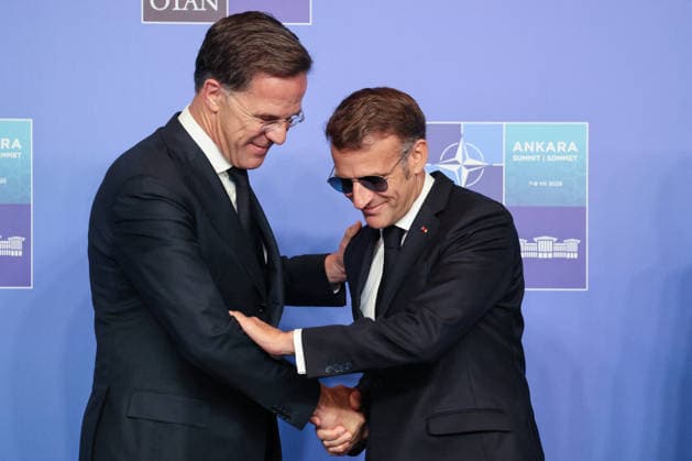 NATO Leaders Summit - Ankara NATO Secretary General Mark Rutte greets France s President Emmanuel Macron (R) as he arrives for a NATO Summit at Bestepe Presidential Compound in Ankara, Turkey, July 8, 2026. The summit comes at a fraught time for the 77-year-old transatlantic alliance, with the US President demanding members make good on a pledge to ramp up defence spending as Washington takes a step back from Europe. Photo by Ludovic Marin Pool ABACAPRESS.COM Ankara Turkey  Copyright: xMarinxLudovic Pool ABACAx