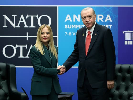 36th NATO Summit in Ankara ANKARA, TURKIYE - JULY 8: (----EDITORIAL USE ONLY MANDATORY CREDIT - TURKISH PRESIDENCY MURAT CETINMUHURDAR HANDOUT - NO MARKETING NO ADVERTISING CAMPAIGNS - DISTRIBUTED AS A SERVICE TO CLIENTS----) Turkish President Recep Tayyip Erdogan (R) meets with Italian Prime Minister Giorgia Meloni (L) as part of the 36th NATO Heads of State and Government Summit at Presidential Complex in Ankara, Turkiye, on July 8, 2026. Turkish Presidency Murat Cetinmuhurdar Handout Anadolu Ankara Turkey. Editorial use only. Please get in touch for any other usage.  Copyright: x2026xAnadoluxTurkishxPresidencyx xMuratxCetinmuhurdarx xHandoutx