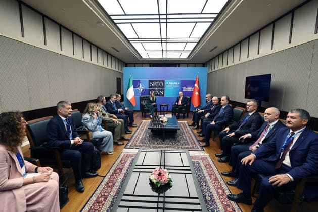 36th NATO Summit in Ankara ANKARA, TURKIYE - JULY 8: (----EDITORIAL USE ONLY MANDATORY CREDIT - TURKISH PRESIDENCY MURAT CETINMUHURDAR HANDOUT - NO MARKETING NO ADVERTISING CAMPAIGNS - DISTRIBUTED AS A SERVICE TO CLIENTS----) Turkish President Recep Tayyip Erdogan (C-R) meets with Italian Prime Minister Giorgia Meloni (C-L) as part of the 36th NATO Heads of State and Government Summit at Presidential Complex in Ankara, Turkiye, on July 8, 2026. Turkish Foreign Minister Hakan Fidan (6th R), Turkish National Defense Minister Yasar Guler (5th R), Justice and Development (AK) Party Deputy Chairman and Party Spokesperson Omer Celik (4th R), Head of Communications Burhanettin Duran (3rd R), Chief Advisor to the Turkish President on Foreign  Copyright: x2026xAnadoluxTurkishxPresidencyx xMuratxCetinmuhurdarx xHandoutx