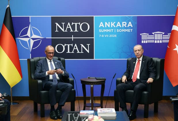 NATO Ankara Summit ANKARA, TURKIYE - JULY 8: (----EDITORIAL USE ONLY - MANDATORY CREDIT - TURKISH PRESIDENCY MURAT CETINMUHURDAR HANDOUT - NO MARKETING NO ADVERTISING CAMPAIGNS - DISTRIBUTED AS A SERVICE TO CLIENTS----) Turkish President Recep Tayyip Erdogan meets with German Chancellor Friedrich Merz as part of the 36th NATO Heads of State and Government Summit at the Presidential Complex in Ankara, Turkiye, on July 8, 2026. Turkish Presidency Murat Cetinmuhurdar Handout Anadolu Ankara Turkey. Editorial use only. Please get in touch for any other usage.  Copyright: x2026xAnadoluxTurkishxPresidency xMuratxCetinmuhurdarx xHandoutx