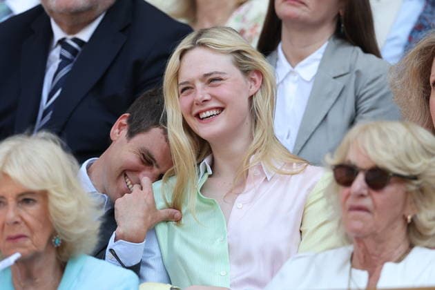 . 08 07 2026. London, United Kingdom. Queen Camilla, Peter Phillips and Harriet Sperling and Elle Fanning in the Royal Box on day ten of the Wimbledon Tennis Championships in London.  xStephenxLockx xi-Imagesx IIM-26894-0076