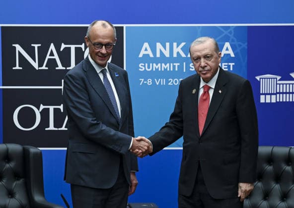 36th NATO Summit in Ankara ANKARA, TURKIYE - JULY 8: Turkish President Recep Tayyip Erdogan (R) meets with German Chancellor Friedrich Merz (L) as part of the 36th NATO Heads of State and Government Summit at Presidential Complex in Ankara, Turkiye, on July 8, 2026. Utku Ucrak Anadolu Ankara Turkey. Editorial use only. Please get in touch for any other usage.  Copyright: x2026xAnadoluxUtkuxUcrakx