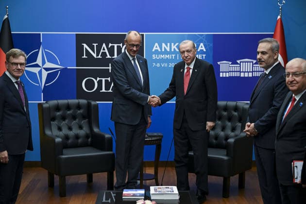 36th NATO Summit in Ankara ANKARA, TURKIYE - JULY 8: Turkish President Recep Tayyip Erdogan (3rd R) meets with German Chancellor Friedrich Merz (2nd L) as part of the 36th NATO Heads of State and Government Summit at Presidential Complex in Ankara, Turkiye, on July 8, 2026. Turkish Foreign Minister Hakan Fidan (2nd R) and Turkish National Defense Minister Yasar Guler were also present during meeting. Utku Ucrak Anadolu Ankara Turkey. Editorial use only. Please get in touch for any other usage.  Copyright: x2026xAnadoluxUtkuxUcrakx