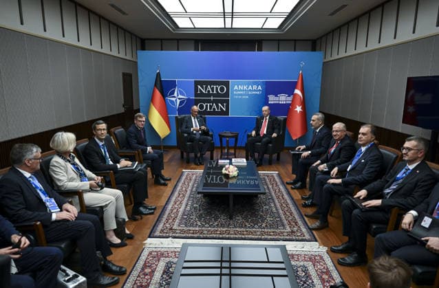 36th NATO Summit in Ankara ANKARA, TURKIYE - JULY 8: Turkish President Recep Tayyip Erdogan (C-R) meets with German Chancellor Friedrich Merz (C-L) as part of the 36th NATO Heads of State and Government Summit at Presidential Complex in Ankara, Turkiye, on July 8, 2026. Turkish Foreign Minister Hakan Fidan (4th R), Turkish National Defense Minister Yasar Guler (3rd R), Justice and Development (AK) Party Deputy Chairman and Party Spokesperson Omer Celik (2nd R), Head of Communications Burhanettin Duran (R) were also present during meeting. Utku Ucrak Anadolu Ankara Turkey. Editorial use only. Please get in touch for any other usage.  Copyright: x2026xAnadoluxUtkuxUcrakx