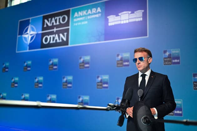 NATO Leaders Summit - President Macron Speaks To The Press France s President Emmanuel Macron speaks to the press during a NATO Summit at Bestepe Presidential Compound in Ankara, Turkey, July 8, 2026. The summit comes at a fraught time for the 77-year-old transatlantic alliance, with the US President demanding members make good on a pledge to ramp up defence spending as Washington takes a step back from Europe. Photo by Alexis Jumeau ABACAPRESS.COM Paris France  Copyright: xJumeauxAlexis ABACAx