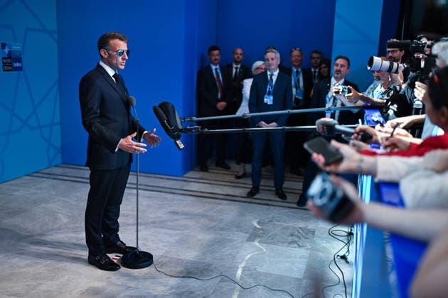 NATO Leaders Summit - President Macron Speaks To The Press France s President Emmanuel Macron speaks to the press during a NATO Summit at Bestepe Presidential Compound in Ankara, Turkey, July 8, 2026. The summit comes at a fraught time for the 77-year-old transatlantic alliance, with the US President demanding members make good on a pledge to ramp up defence spending as Washington takes a step back from Europe. Photo by Alexis Jumeau ABACAPRESS.COM Paris France  Copyright: xJumeauxAlexis ABACAx