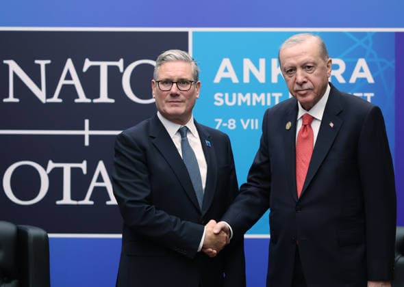 NATO Ankara Summit ANKARA, TURKIYE - JULY 8: (----EDITORIAL USE ONLY - MANDATORY CREDIT - TURKISH PRESIDENCY MURAT CETINMUHURDAR HANDOUT - NO MARKETING NO ADVERTISING CAMPAIGNS - DISTRIBUTED AS A SERVICE TO CLIENTS----) Turkish President Recep Tayyip Erdogan meets with British Prime Minister Keir Starmer as part of the 36th NATO Heads of State and Government Summit at the Presidential Complex in Ankara, Turkiye, on July 8, 2026. Turkish Presidency Murat Cetinmuhurdar Handout Anadolu Ankara Turkey. Editorial use only. Please get in touch for any other usage.  Copyright: x2026xAnadoluxTurkishxPresidency xMuratxCetinmuhurdarx xHandoutx