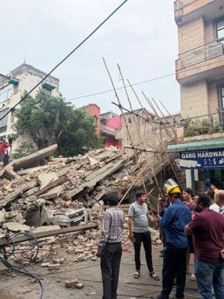 Under-Construction Building Collapses in New Delhi s Rohini Sector 16 New Delhi, Jul 08 (ANI): Piles of rubble present after an under-construction building collapses at Rohini s Sector 16, in New Delhi on Wednesday. Firefighting and rescue operations underway. NEW DELHI Delhi India Copyright: xANIx ANI_20260708348