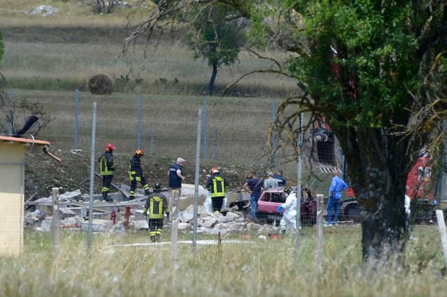 (260708) -- RIETI, July 8, 2026 -- This photo taken on July 8, 2026 shows the site of an explosion of a fireworks factory at Pirotecnica Mattei in Borgorose, Rieti Province, Italy. Two people were killed after an explosion ripped through a fireworks factory in central Italy on Wednesday morning, Italian daily La Repubblica reported. (SpotNews) ITALY-RIETI-FIREWORKS FACTORY-EXPLOSION WangxKaiyan 