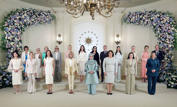 Turkish First Lady Emine Erdogan hosts spouses of leaders ANKARA, TURKIYE - JULY 8: (----EDITORIAL USE ONLY - MANDATORY CREDIT - TURKISH PRESIDENCY MUSTAFA KAMACI HANDOUT - NO MARKETING NO ADVERTISING CAMPAIGNS - DISTRIBUTED AS A SERVICE TO CLIENTS----) Turkish First Lady Emine Erdogan poses for a photo with spouses of heads of state and government attending the 36th NATO Heads of State and Government Summit at Cankaya Mansion in Ankara, Turkiye, on July 8, 2026. Turkish Presidency Mustafa Kamaci Handout Anadolu Ankara Turkey. Editorial use only. Please get in touch for any other usage.  Copyright: x2026xAnadoluxTurkishxPresidencyx xMustafaxKamacix xHandoutx