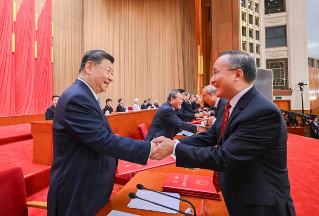 (260708) -- BEIJING, July 8, 2026 -- Xi Jinping and other leaders of the Communist Party of China and the state, together with the two winners of the national top sci-tech award, present certificates to representatives of recipients of the State Natural Science Award, the State Technological Invention Award, the State Scientific and Technological Progress Award and the China International Science and Technology Cooperation Award at the Great Hall of the People in Beijing, capital of China, July 8, 2026. A meeting bringing together the national science and technology award conference, the general assemblies of the members of the Chinese Academy of Sciences (CAS) and the Chinese Academy of Engineering (CAE), and the 11th national congress of 