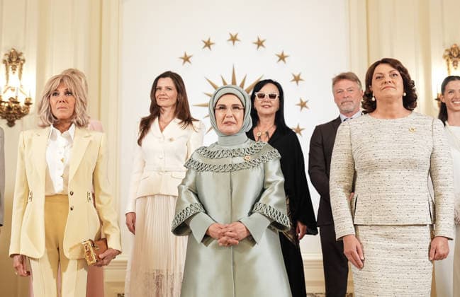 Turkish First Lady Emine Erdogan hosts spouses of leaders ANKARA, TURKIYE - JULY 8: Turkish First Lady Emine Erdogan (C), Brigitte Macron (L), the spouse of French President Emmanuel Macron, and Diana Nausediene (R), the spouse of Lithuanian President Gitanas Nauseda, pose for a family photo as Erdogan hosts spouses of heads of state and government attending the 36th NATO Heads of State and Government Summit at Cankaya Mansion in Ankara, Turkiye, on July 8, 2026. Berkan Cetin Anadolu Ankara Turkey. Editorial use only. Please get in touch for any other usage.  Copyright: x2026xAnadoluxBerkanxCetinx