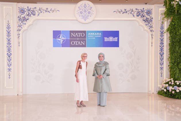Turkish First Lady Emine Erdogan hosts spouses of leaders ANKARA, TURKIYE - JULY 8: Emine Erdogan (R), wife of Turkish President Recep Tayyip Erdogan, welcomes Veerle Hegge (L), wife of Belgian Prime Minister Bart De Wever, at Cankaya Mansion as she hosted the spouses of heads of state and government during the 36th NATO Summit of Heads of State and Government in Ankara, Turkiye, on July 8, 2026. Cemal Yurttas Anadolu Ankara Turkey. Editorial use only. Please get in touch for any other usage.  Copyright: x2026xAnadoluxCemalxYurttasx