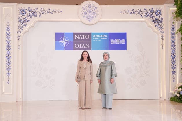 Turkish First Lady Emine Erdogan hosts spouses of leaders ANKARA, TURKIYE - JULY 8: Emine Erdogan (R), wife of Turkish President Recep Tayyip Erdogan, welcomes Mirabela Gradinaru (L), wife of Romanian President Nicusor Dan, at Cankaya Mansion as she hosted the spouses of heads of state and government during the 36th NATO Summit of Heads of State and Government in Ankara, Turkiye, on July 8, 2026. Cemal Yurttas Anadolu Ankara Turkey. Editorial use only. Please get in touch for any other usage.  Copyright: x2026xAnadoluxCemalxYurttasx