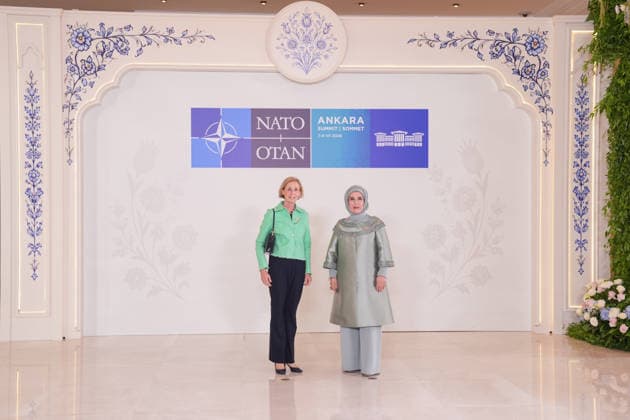 Turkish First Lady Emine Erdogan hosts spouses of leaders ANKARA, TURKIYE - JULY 8: Emine Erdogan (R), wife of Turkish President Recep Tayyip Erdogan, welcomes Marjolijne Frieden (L), wife of Luxembourg Prime Minister Luc Frieden, at Cankaya Mansion as she hosted the spouses of heads of state and government during the 36th NATO Summit of Heads of State and Government in Ankara, Turkiye, on July 8, 2026. Cemal Yurttas Anadolu Ankara Turkey. Editorial use only. Please get in touch for any other usage.  Copyright: x2026xAnadoluxCemalxYurttasx