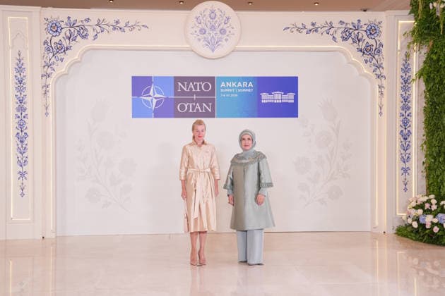 Turkish First Lady Emine Erdogan hosts spouses of leaders ANKARA, TURKIYE - JULY 8: Emine Erdogan (R), wife of Turkish President Recep Tayyip Erdogan, welcomes Evelin Oras (L), wife of Estonian Prime Minister Kristen Michal, at Cankaya Mansion as she hosted the spouses of heads of state and government during the 36th NATO Summit of Heads of State and Government in Ankara, Turkiye, on July 8, 2026. Cemal Yurttas Anadolu Ankara Turkey. Editorial use only. Please get in touch for any other usage.  Copyright: x2026xAnadoluxCemalxYurttasx