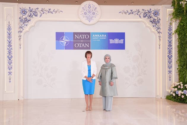 Turkish First Lady Emine Erdogan hosts spouses of leaders ANKARA, TURKIYE - JULY 8: Emine Erdogan (R), wife of Turkish President Recep Tayyip Erdogan, welcomes Charlotte Merz (L), wife of German Chancellor Friedrich Merz, at Cankaya Mansion as she hosted the spouses of heads of state and government during the 36th NATO Summit of Heads of State and Government in Ankara, Turkiye, on July 8, 2026. Cemal Yurttas Anadolu Ankara Turkey. Editorial use only. Please get in touch for any other usage.  Copyright: x2026xAnadoluxCemalxYurttasx