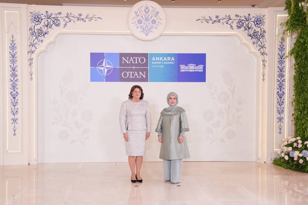Turkish First Lady Emine Erdogan hosts spouses of leaders ANKARA, TURKIYE - JULY 8: Emine Erdogan (R), wife of Turkish President Recep Tayyip Erdogan, welcomes Diana Nausediene (L), wife of Lithuanian President Gitanas Nauseda, at Cankaya Mansion as she hosted the spouses of heads of state and government during the 36th NATO Summit of Heads of State and Government in Ankara, Turkiye, on July 8, 2026. Cemal Yurttas Anadolu Ankara Turkey. Editorial use only. Please get in touch for any other usage.  Copyright: x2026xAnadoluxCemalxYurttasx