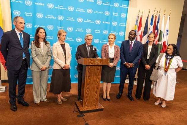 July 8, 2026, New York, New York, USA: Ambassadors of Colombia, Denmark, France, Greece, Latvia, Liberia, Panama, United Kingdom make a statement to the press before Security Council meeting on Women and peace and security Honoring the promise of international law to survivors of conflict related sexual violence at UN Headquarters in New York, NY on July 8, 2026. New York USA  - ZUMAr339 20260708_znp_r339_009 Copyright: xLevxRadinx
