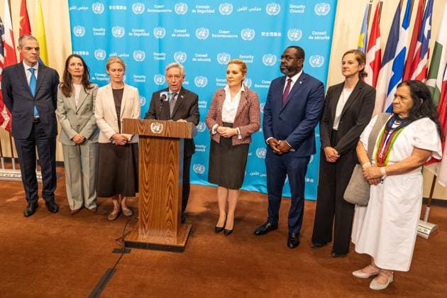 July 8, 2026, New York, New York, USA: Ambassadors of Colombia, Denmark, France, Greece, Latvia, Liberia, Panama, United Kingdom make a statement to the press before Security Council meeting on Women and peace and security Honoring the promise of international law to survivors of conflict related sexual violence at UN Headquarters in New York, NY on July 8, 2026. New York USA  - ZUMAr339 20260708_znp_r339_010 Copyright: xLevxRadinx