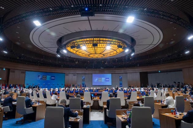 NATO leaders take part in a working session during the alliance s summit at the Be?tepe Presidential Complex in Ankara, Turkey, on Wednesday, July 8, 2026. The summit comes at a critical moment for the 77?year?old transatlantic alliance, as the U.S. president presses members to honor their pledge to boost defense spending amid Washington s pullback from Europe.  TUR2026070801 NATO