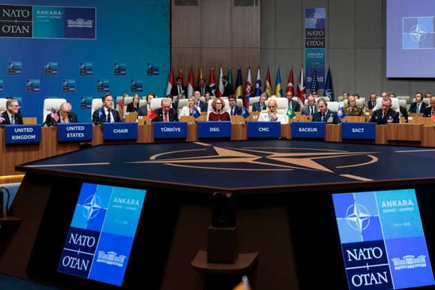 From left, Britain s Prime Minister Keir Starmer, President Donald Trump, NATO Secretary General Mark Rutte and Turkish President Recep Tayyip Erdogan during a round table meeting of the North Atlantic Council during the NATO summit in Ankara, Turkey, Wednesday, July 8, 2026. The summit comes at a critical moment for the 77?year?old transatlantic alliance, as the U.S. president presses members to honor their pledge to boost defense spending amid Washington s pullback from Europe.  TUR2026070803 NATO