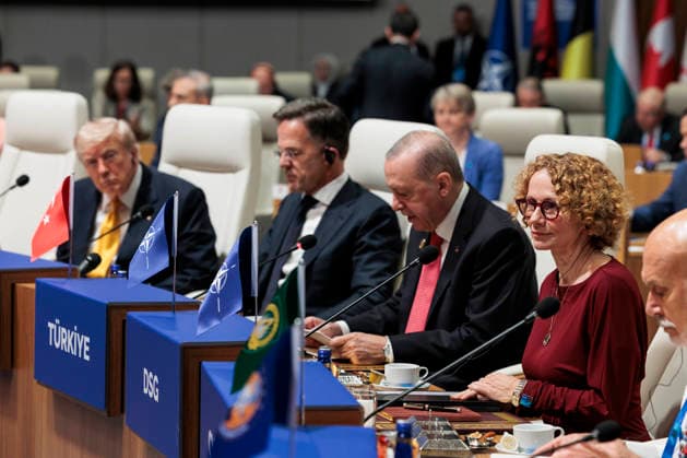From left, President Donald Trump, NATO Secretary General Mark Rutte and Turkish President Recep Tayyip Erdogan during a round table meeting of the North Atlantic Council during the NATO summit in Ankara, Turkey, Wednesday, July 8, 2026.. The summit comes at a critical moment for the 77?year?old transatlantic alliance, as the U.S. president presses members to honor their pledge to boost defense spending amid Washington s pullback from Europe.  TUR2026070805 NATO