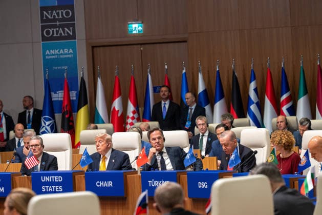 From left, Britain s Prime Minister Keir Starmer, President Donald Trump, NATO Secretary General Mark Rutte and Turkish President Recep Tayyip Erdogan during a round table meeting of the North Atlantic Council during the NATO summit in Ankara, Turkey, Wednesday, July 8, 2026. The summit comes at a critical moment for the 77?year?old transatlantic alliance, as the U.S. president presses members to honor their pledge to boost defense spending amid Washington s pullback from Europe.  TUR2026070806 NATO