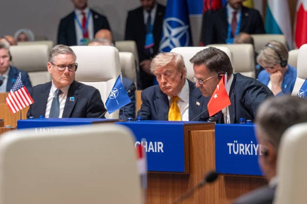 From left, Britain s Prime Minister Keir Starmer, President Donald Trump and NATO Secretary General Mark Rutte during a round table meeting of the North Atlantic Council during the NATO summit in Ankara, Turkey, Wednesday, July 8, 2026. The summit comes at a critical moment for the 77?year?old transatlantic alliance, as the U.S. president presses members to honor their pledge to boost defense spending amid Washington s pullback from Europe.  TUR2026070807 NATO