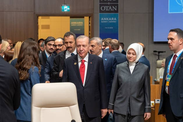 Turkish President Recep Tayyip Erdogan (C) and NATO Leaders arrive to participate in a working session during the NATO Summit at Bestepe Presidential Compound in Ankara Wednesday, July 8, 2026. The summit comes at a critical moment for the 77?year?old transatlantic alliance, as the U.S. president presses members to honor their pledge to boost defense spending amid Washington s pullback from Europe.  TUR2026070810 NATO