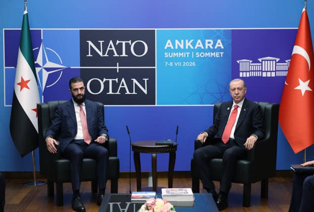 Turkish President Recep Tayyip Erdogan meets Syrian President Ahmed al-Sharaa in Ankara ANKARA, TURKIYE - JULY 08: (----EDITORIAL USE ONLY MANDATORY CREDIT - TURKISH PRESIDENCY MURAT CETINMUHURDAR HANDOUT - NO MARKETING NO ADVERTISING CAMPAIGNS - DISTRIBUTED AS A SERVICE TO CLIENTS----) Turkish President Recep Tayyip Erdogan (R) meets with Syrian President Ahmed al-Sharaa on the sidelines of the 36th NATO Summit in Ankara, Turkiye, on July 8, 2026. TUR Presidency Murat Cetinmuhurdar Anadolu Ankara Turkey. Editorial use only. Please get in touch for any other usage.  Copyright: x2026xAnadoluxTURxPresidency xMuratxCetinmuhurdarx