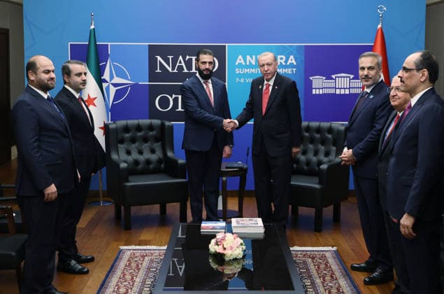 Turkish President Recep Tayyip Erdogan meets Syrian President Ahmed al-Sharaa in Ankara ANKARA, TURKIYE - JULY 08: (----EDITORIAL USE ONLY MANDATORY CREDIT - TURKISH PRESIDENCY MURAT KULA HANDOUT - NO MARKETING NO ADVERTISING CAMPAIGNS - DISTRIBUTED AS A SERVICE TO CLIENTS----) Turkish President Recep Tayyip Erdogan meets with Syrian President Ahmed al-Sharaa on the sidelines of the 36th NATO Summit in Ankara, Turkiye, on July 8, 2026. TUR Presidency Murat Kula Anadolu Ankara Turkey. Editorial use only. Please get in touch for any other usage.  Copyright: x2026xAnadoluxTURxPresidency xMuratxKulax